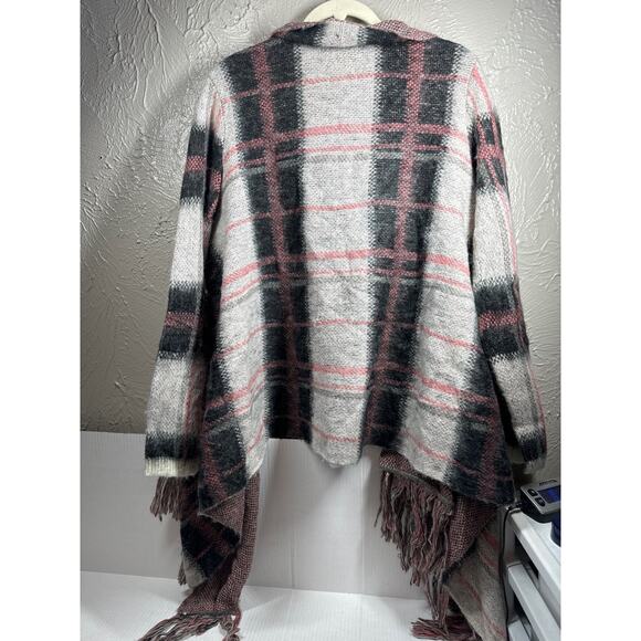 Lucky Brand Plaid Pink Gray Cardigan Shawl Fringe Sweater Jacket Size Large - Picture 3 of 3